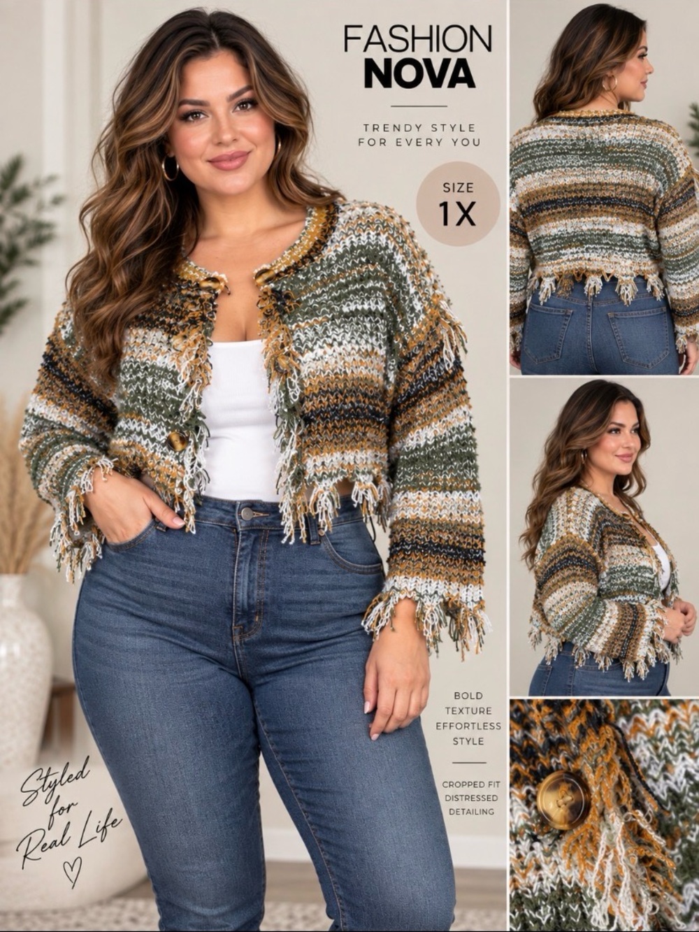Fashion Nova Olive, Cream & Brown Fringe Cropped Cardigan